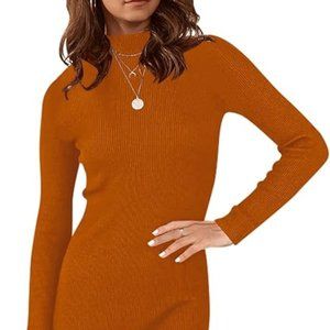 ANRABESS Women's Fall Long Sleeve Sweater Dress Rust Turtleneck Slim Fit Ribbed